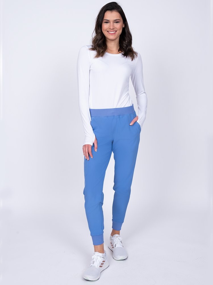 Meraki Sport Women's Jogger Scrub Pant in ceil featuring rib knit hem cuffs for adjustability