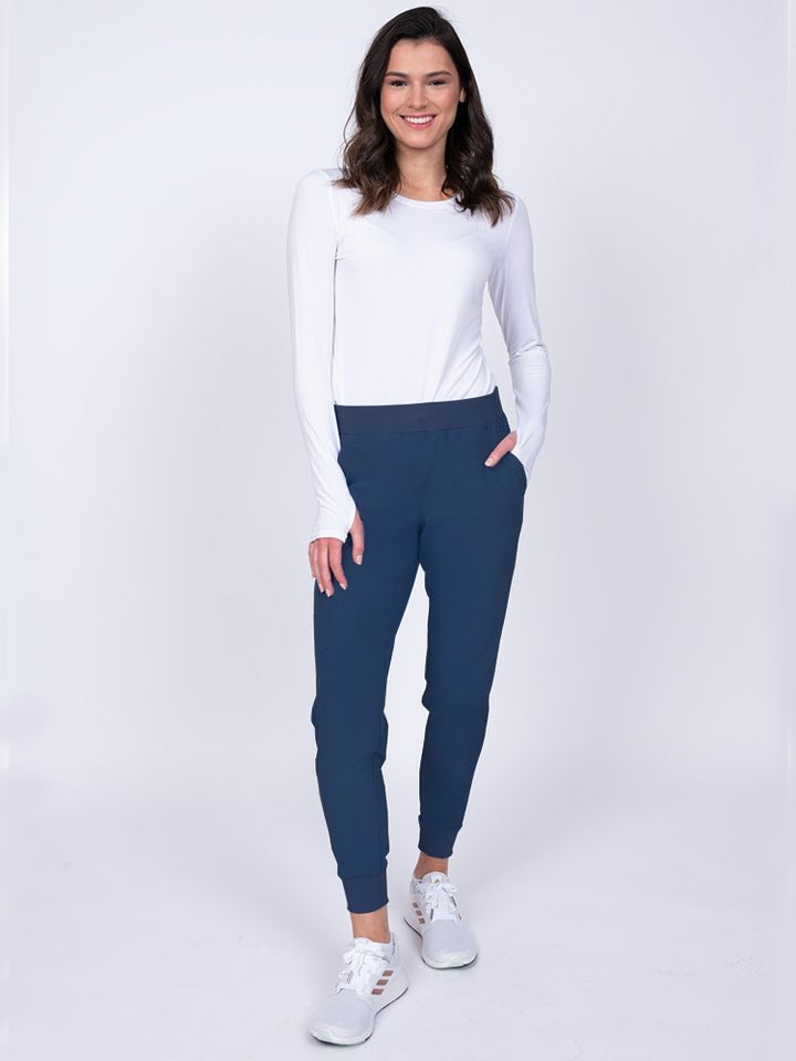 Meraki Sport Women's Jogger Scrub Pant in navy featuring rib knit hem cuffs for adjustability