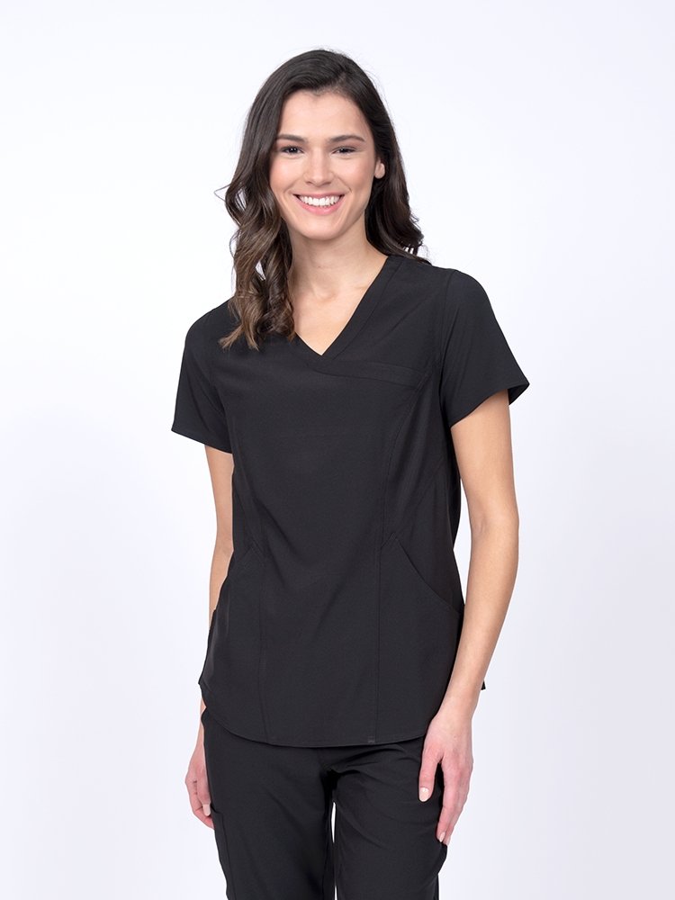 Meraki Sport Women's Mock Wrap Scrub Top in black featuring 4-way stretch fabric for a flexible fit 