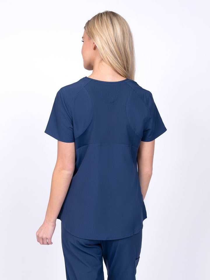 Meraki Sport Women's Mock Wrap Scrub Top in navy featuring 4-way stretch fabric for a flexible fit 