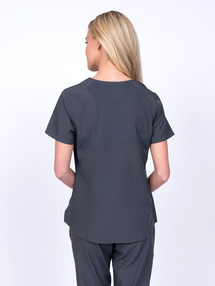 Meraki Sport Women's Mock Wrap Scrub Top in pewter featuring 4-way stretch fabric for a flexible fit 