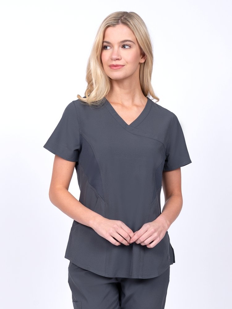 Meraki Sport Women's Mock Wrap Scrub Top in pewter featuring front princess seams to provide a flattering fit