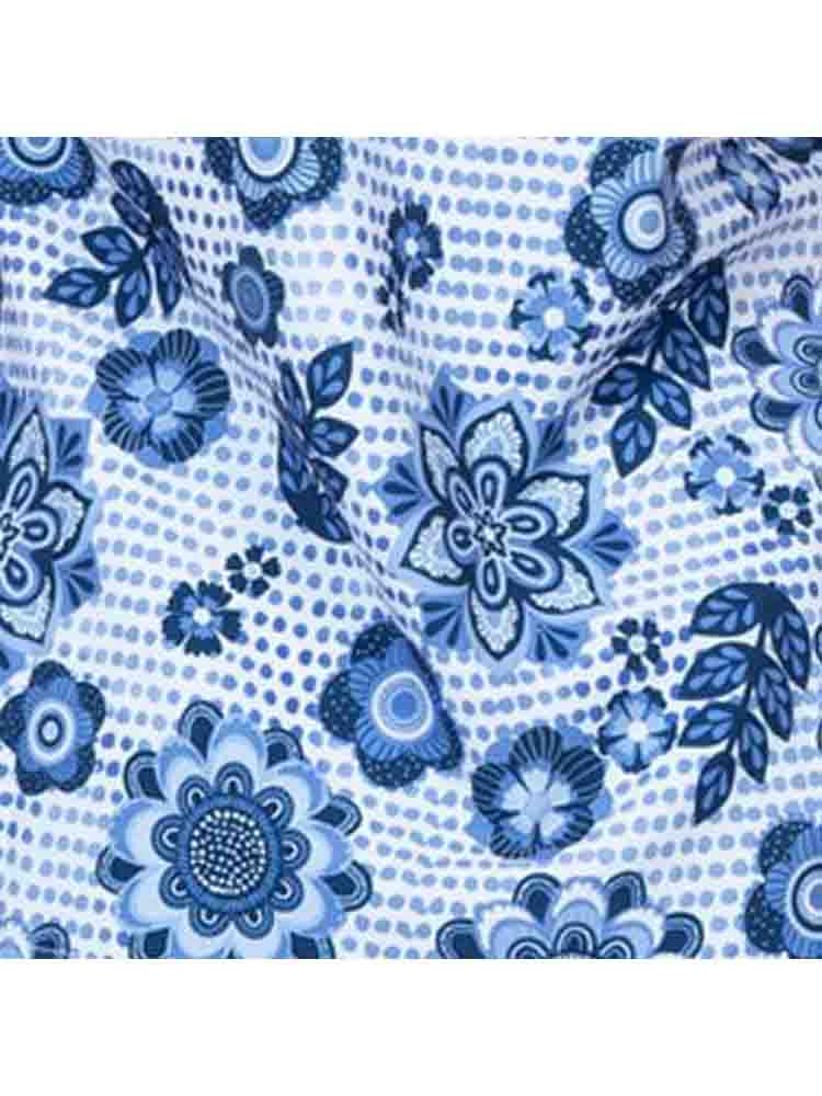 Meraki Sport Women's Print Scrub Top in Summer Blooms print featuring a unique light blue paisley pattern on a white and blue background.