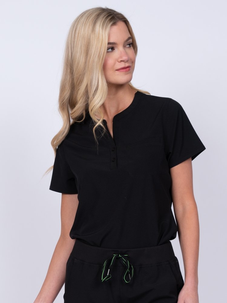 Meraki Sport Women’s Tuck-In Scrub Top in black featuring a Henley neckline with 2-button placket