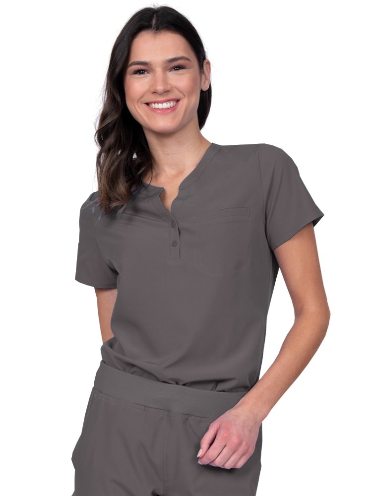 Meraki Sport Women’s Tuck-In Scrub Top in pewter featuring a Henley neckline with 2-button placket