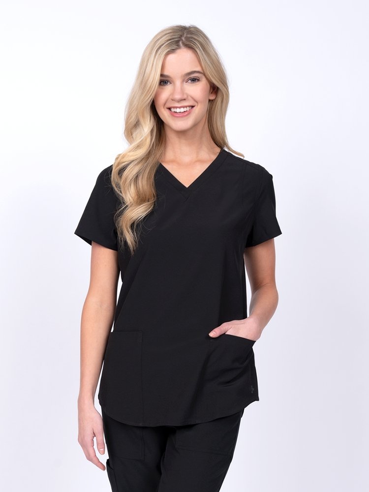 Meraki Sport Women's V-Neck Scrub Top in black featuring 4-way stretch fabric for added mobility