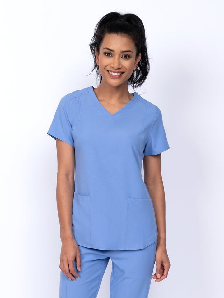 Meraki Sport Women's V-Neck Scrub Top in ceil featuring 4-way stretch fabric for added mobility