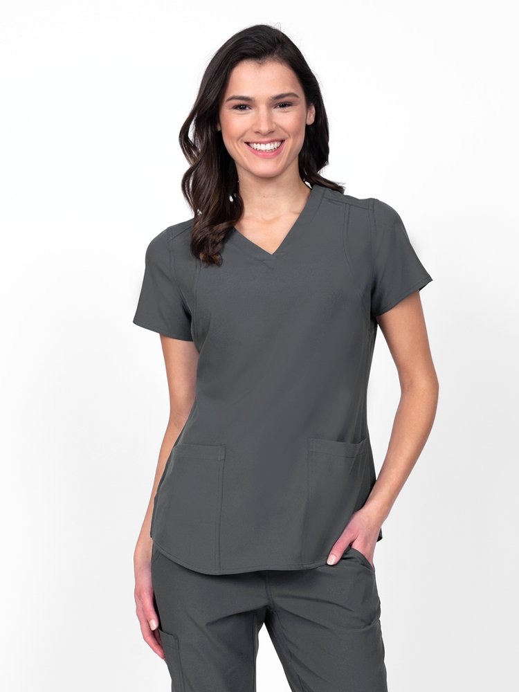 Meraki Sport Women's V-Neck Scrub Top in pewter featuring 4-way stretch fabric for added mobility