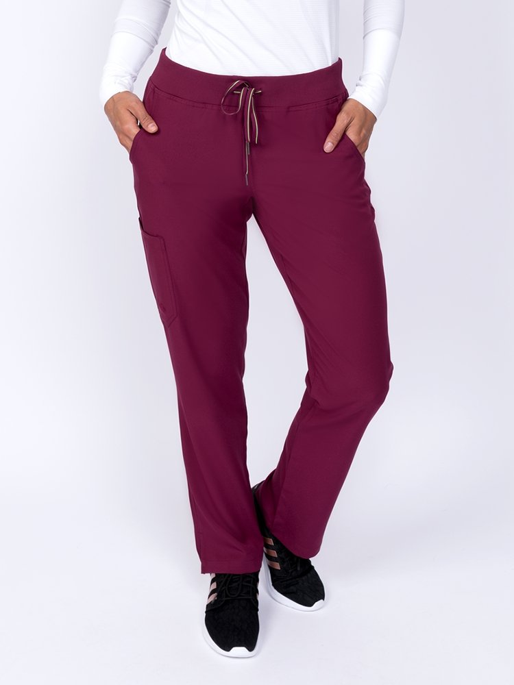 Meraki Sport Women's Yoga Scrub Pant in wine featuring 4 pockets including a cargo pocket