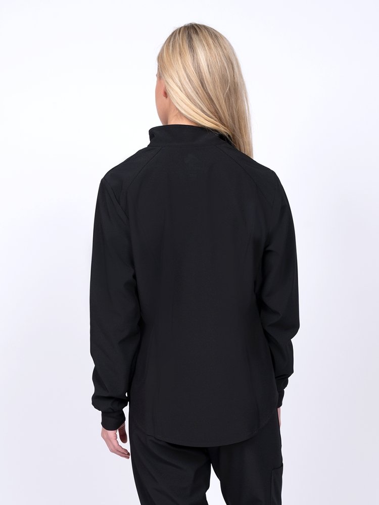 Meraki Sport Women's Zip Front Scrub Jacket in black featuring 4-way movement stretch fabric