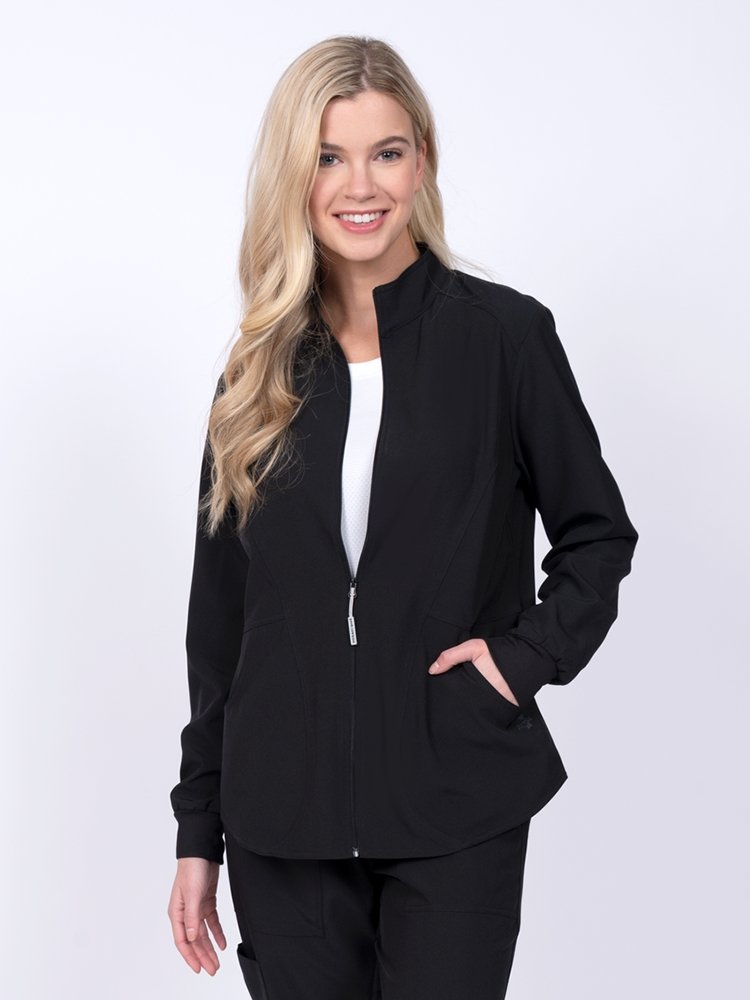 Meraki Sport Women's Zip Front Scrub Jacket in black featuring long sleeves with rib knit cuffs