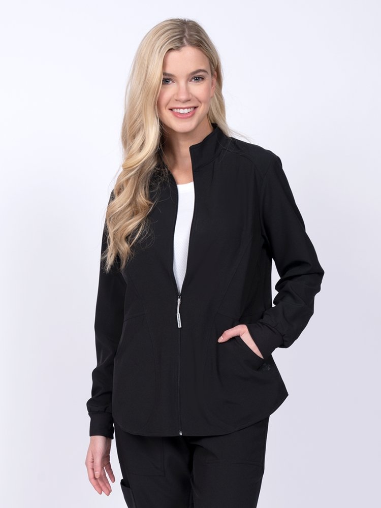 Meraki Sport Women's Zip Front Scrub Jacket in black featuring  long sleeves with rib knit cuffs