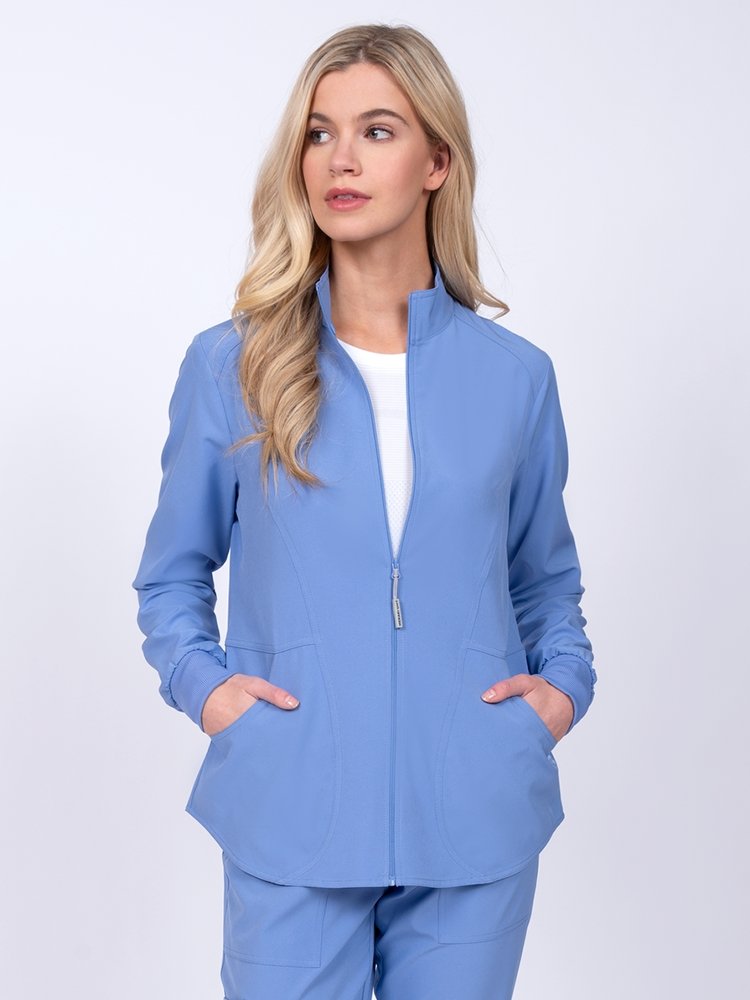 Meraki Sport Women's Zip Front Scrub Jacket in ceil featuring  long sleeves with rib knit cuffs