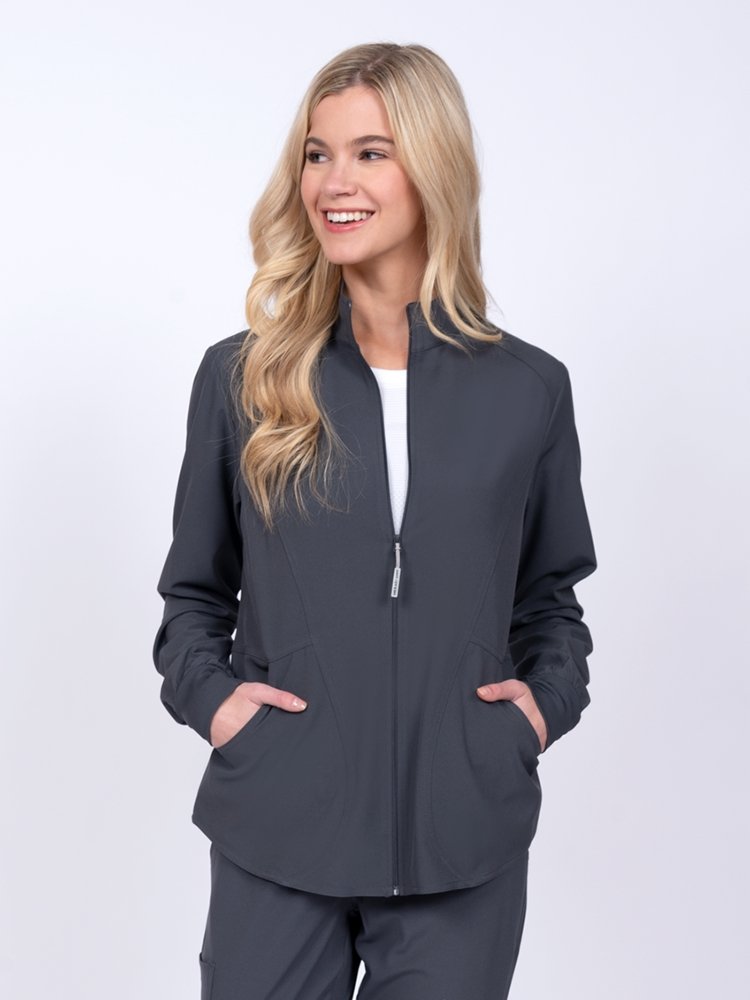 Meraki Sport Women's Zip Front Scrub Jacket in pewter featuring 4-way movement stretch fabric