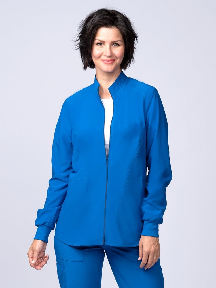 Meraki Sport Women's Zip Front Scrub Jacket in royal featuring  long sleeves with rib knit cuffs