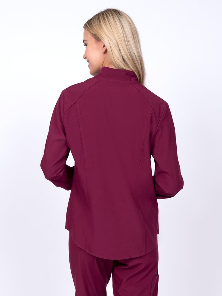 Meraki Sport Women's Zip Front Scrub Jacket in wine featuring 4-way movement stretch fabric