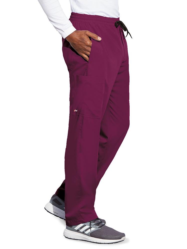 Barco Motion Men's Jake Zip Fly Cargo Scrub Pant in wine featuring elastic waist with silicone drawstring
