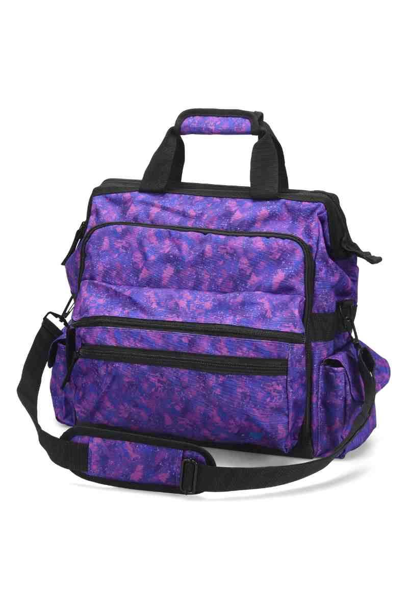 A frontward facing image of the Ultimate Medical Bag from NurseMates in "Violet Prism" featuring a hardwearing shoulder strap with heavy duty zippers & multiple compartments for maximum storage room.