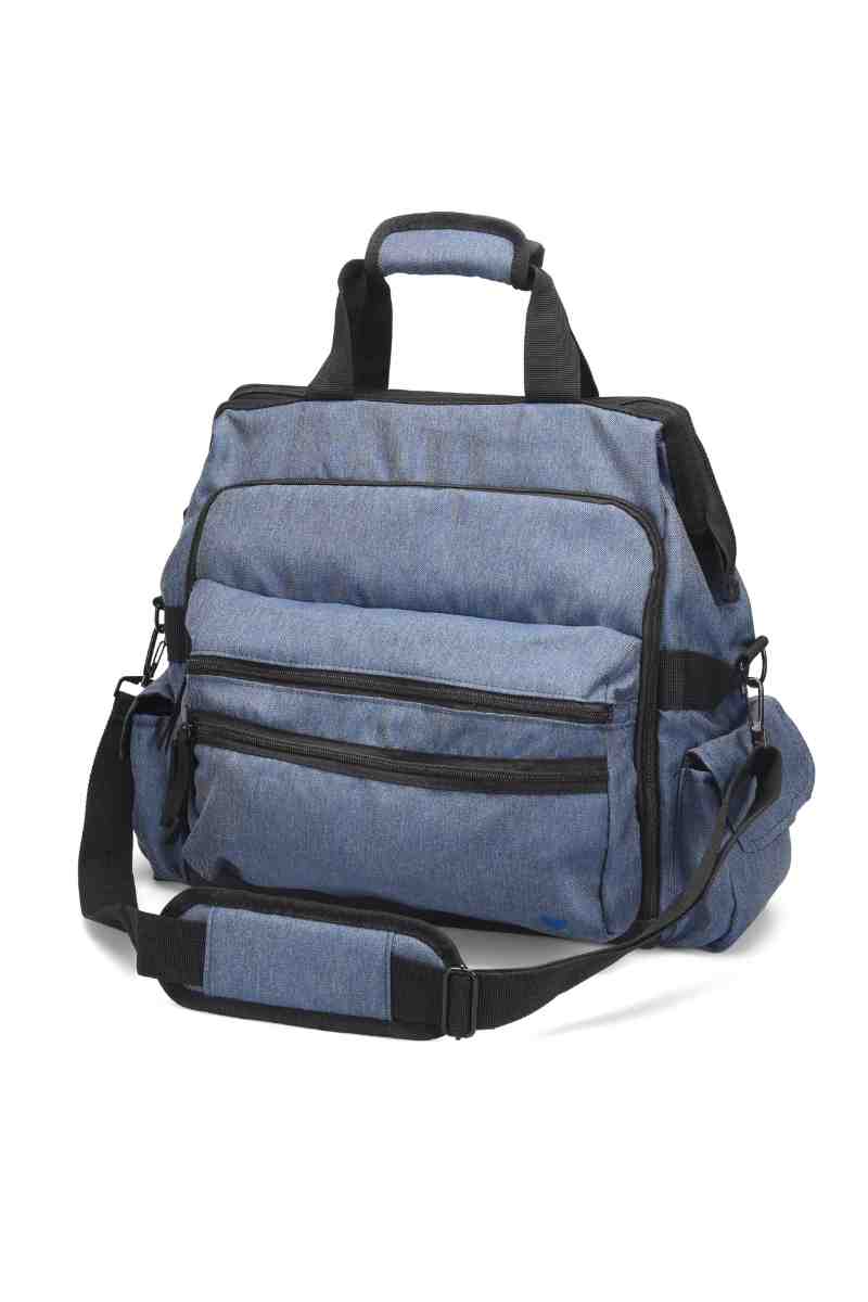 A frontward facing image of the Ultimate Medical Bag from NurseMates in "Denim" featuring a hardwearing shoulder strap with heavy duty zippers & multiple compartments for maximum storage room.