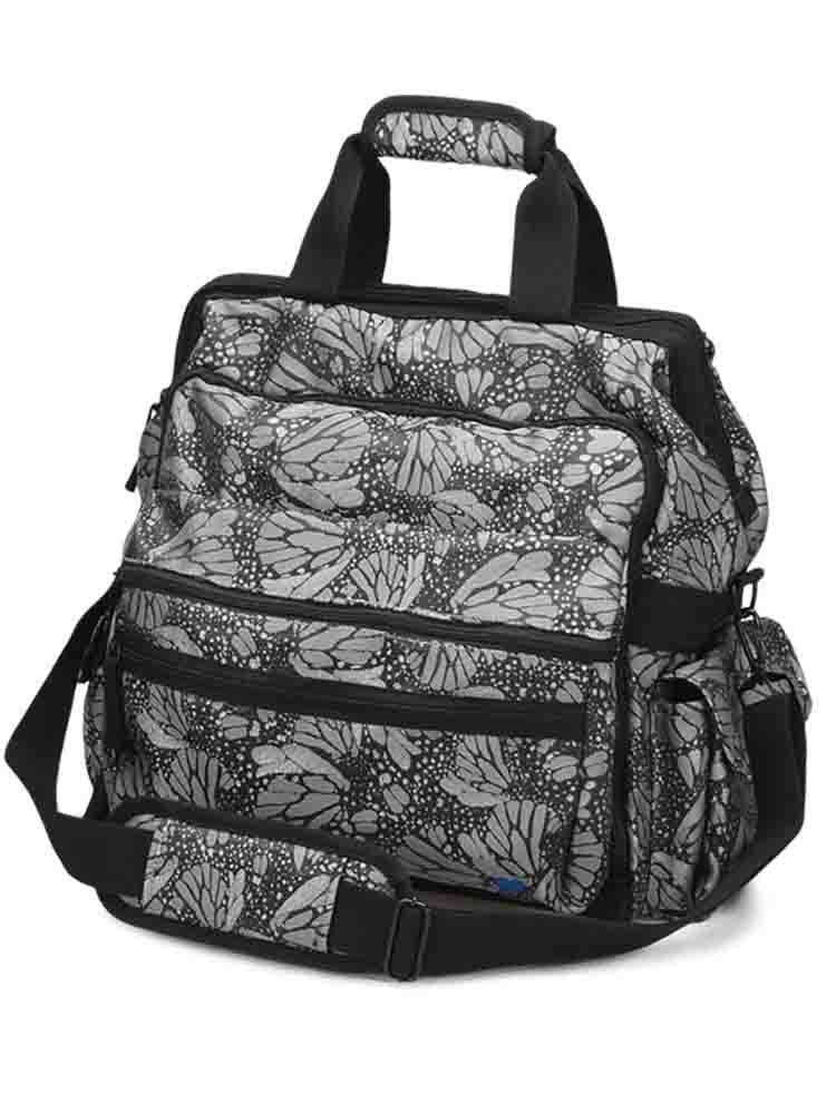 Nurse Mates Ultimate Medical Bag in Jacquard Butterfly print has a padded laptop compartment.