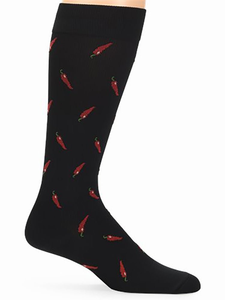 NurseMates men's compression socks in "Chile Peppers" featuring 87% Nylon and 13% Spandex.