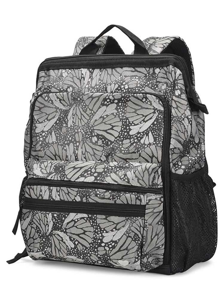 The Ultimate Backpack from Nursemates in Jacquard Butterfly featuring a variety of pockets & compartments to fit everything from laptops, medical supplies & more. 