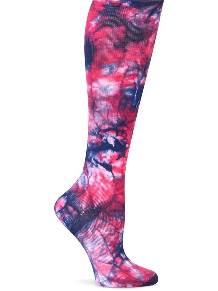 The NurseMates Women's Wide Calf Compression Socks in "Tie Dye Navy/Magenta" featuring comfortable welt top band that helps to increase circulation.
