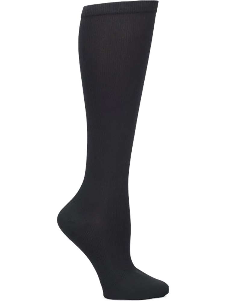 The NurseMates Women's Wide Calf Compression Socks in "Black" featuring 12-14 mmHg Graduated Compression to help improve circulation and relieve leg fatigue.