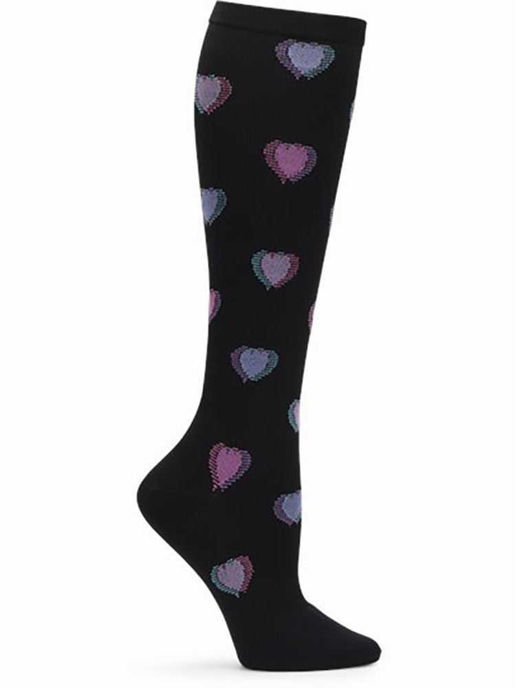 The NurseMates Women's Wide Calf Compression Socks in "Heart Fusion" featuring 12-14 mmHg Graduated Compression to help improve circulation and relieve leg fatigue.