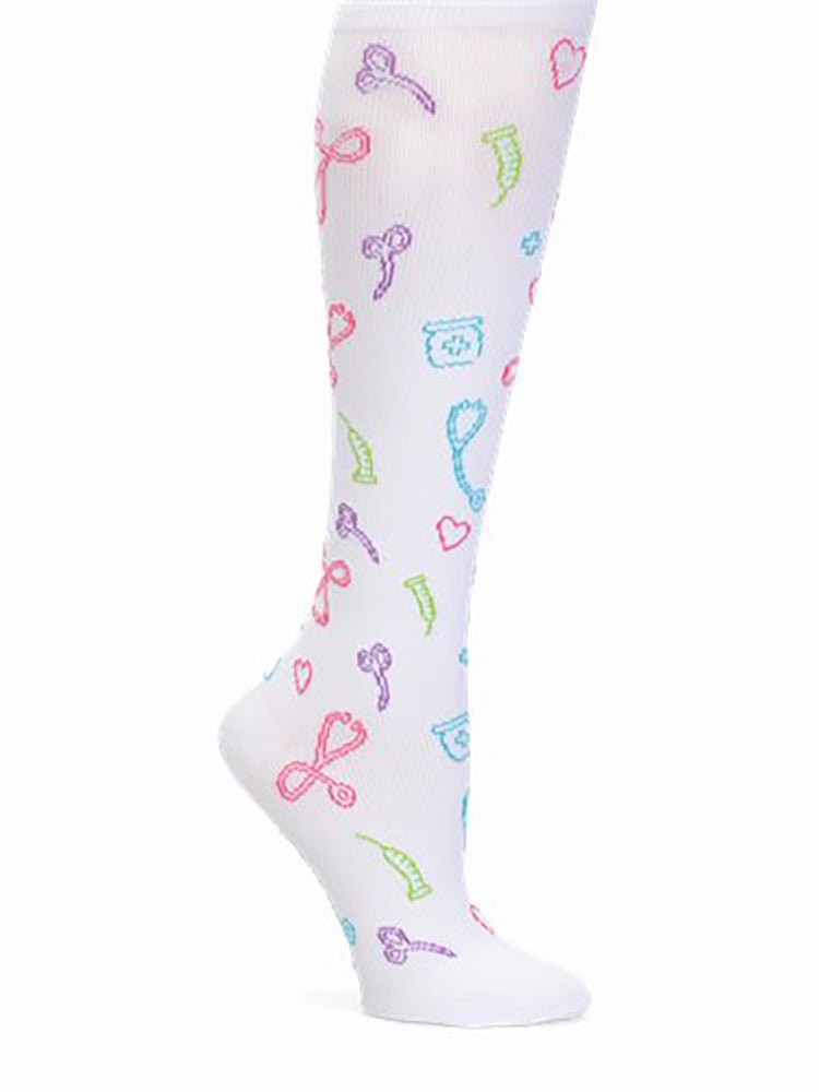 The NurseMates Women's Wide Calf Compression Socks in "Medical Symbols White" featuring 12-14 mmHg Graduated Compression to help improve circulation and relieve leg fatigue.