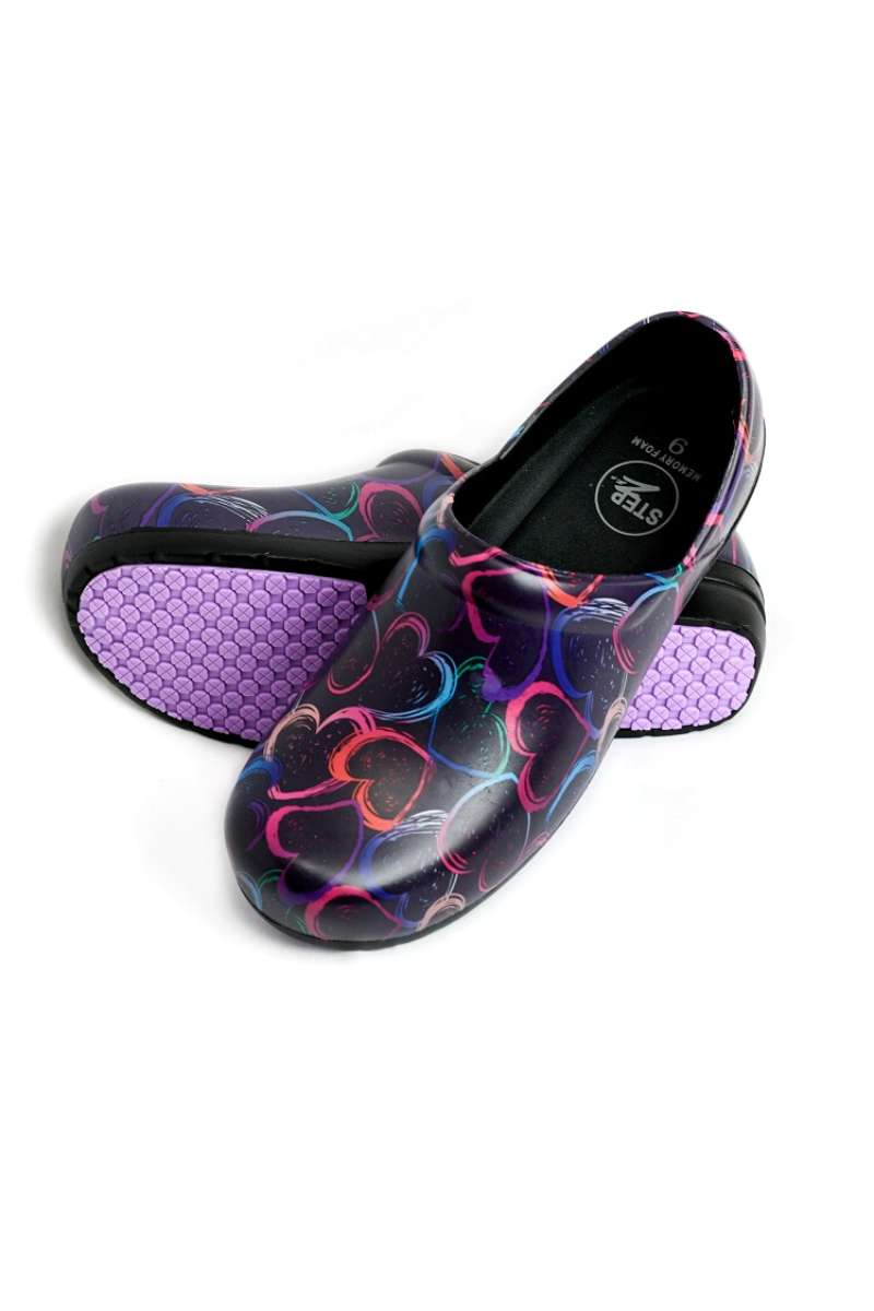 An image of the "Plum Brush Stroke Hearts" StepZ Women's Slip Resistant Memory Foam Clog in size 8 featuring patented water-based fluid slip-resistance technology.