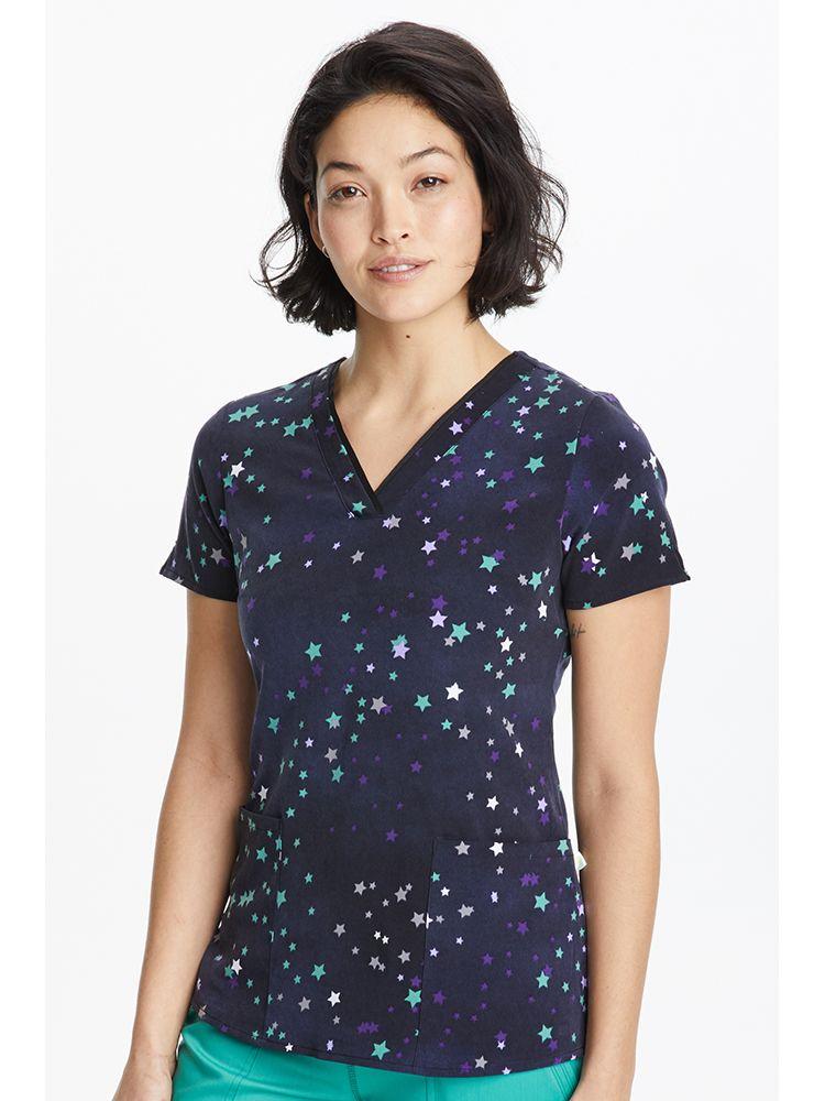 Premiere by Healing Hands Women's Amanda Print Top in Starry Sky featuring 2 Front welted pockets & 1 interior pocket