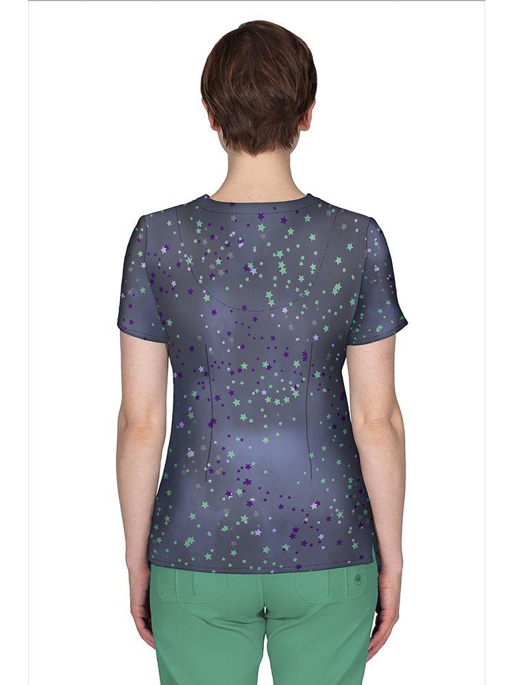 Premiere by Healing Hands Women's Amanda Print Top in Starry Sky featuring Back shaping darts & spandex for a fitted look