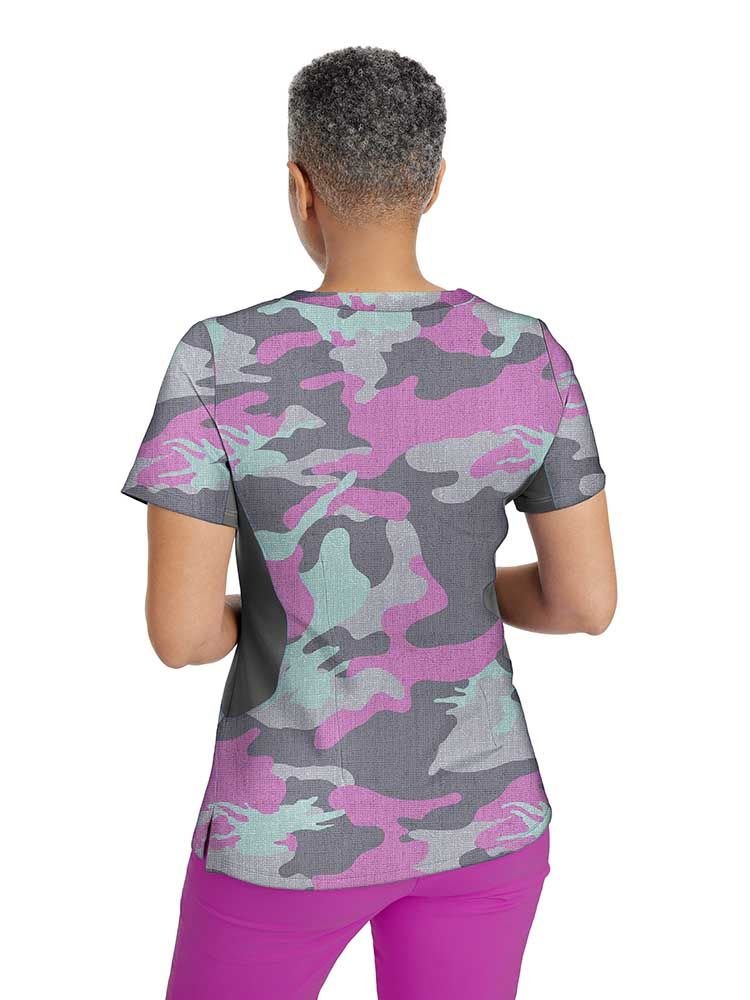 Premiere by Healing Hands Women's Jessi Print Top in Camouflage has side stretch panels