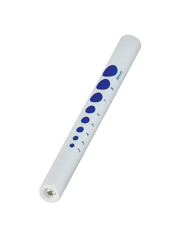 Prestige Medical Disposable Pupil Gauge Penlight is white with blue pupil gauge