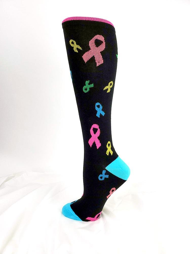 Foot mannequin displaying Pro-Motion Women's Compression Socks in black with multi color awareness ribbons