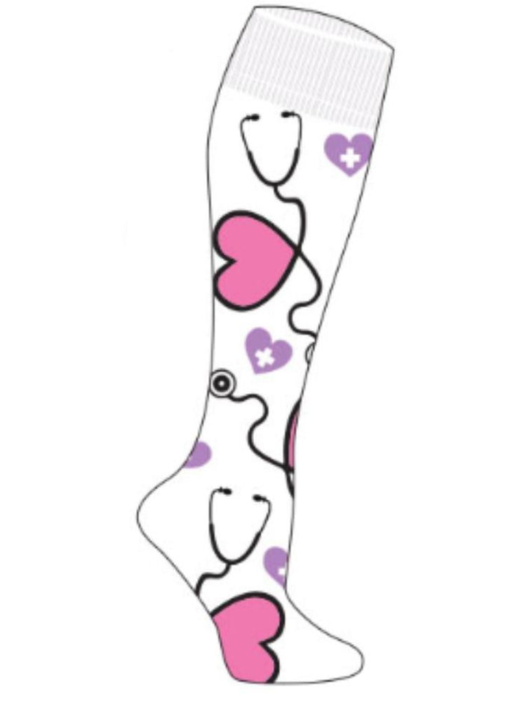 Pro-Motion Women's Compression Socks in white with stethoscope & heart print made with ultra soft fabric