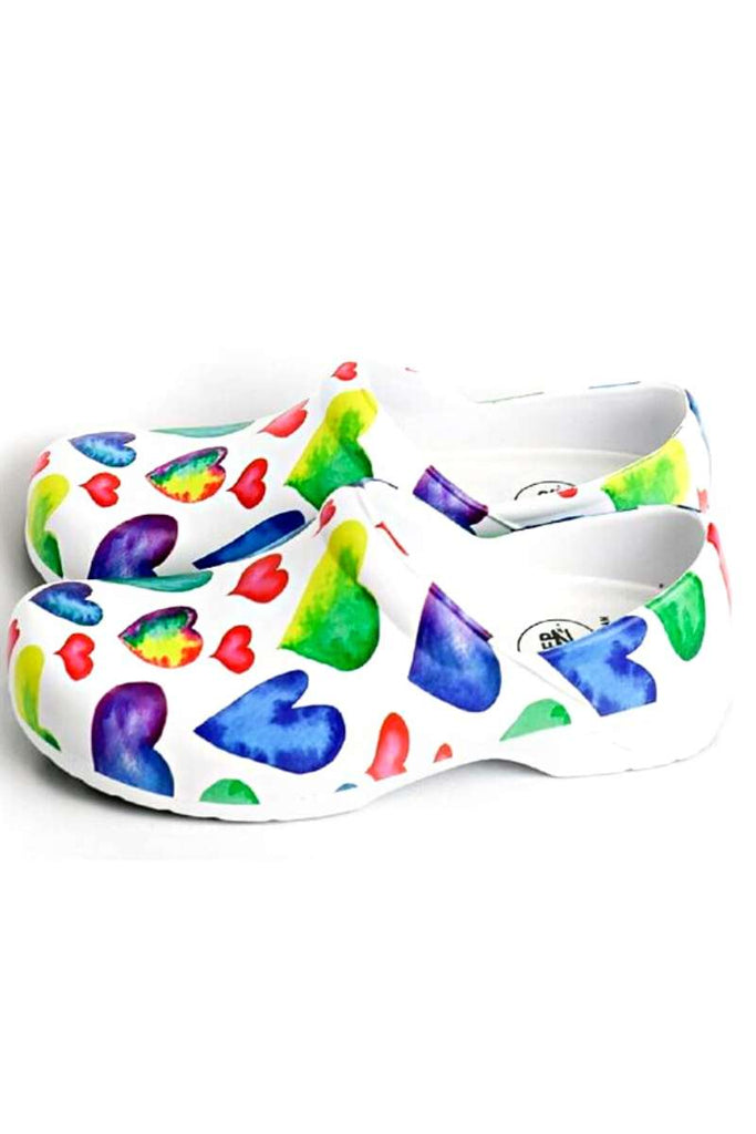 A side view of the StepZ Women's Slip Resistant Memory Foam Clogs in "Rainbow Hearts" featuring a unique EVA construction, engineered to withstand very high temperatures.