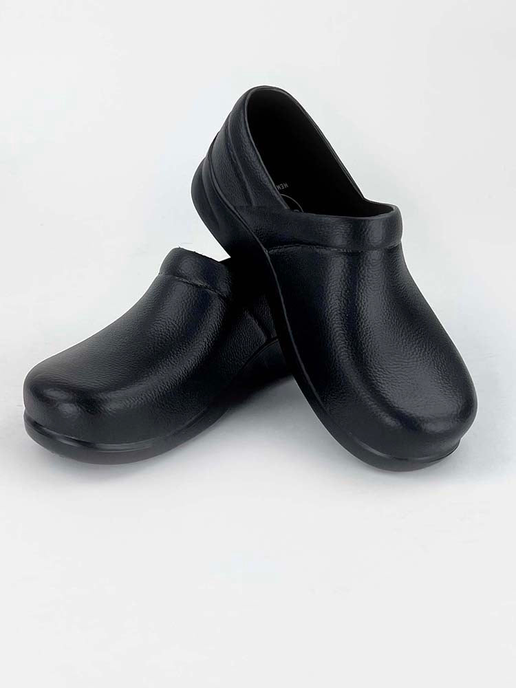 Two STEPZ Wide Toe-Box Memory Foam Clog in black featuring an elastomeric polymer that provides good clarity and gloss.