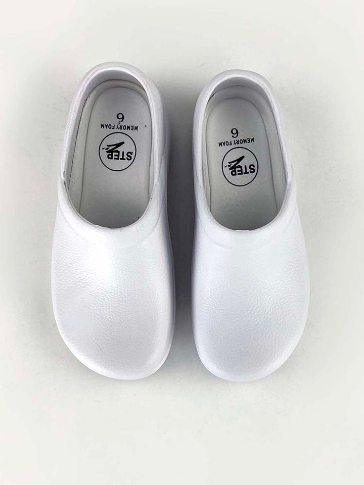 Bird's eye view of the Wide Toe-Box Memory Foam Clogs from StepZ in white featuring a padded front and back heel collar.