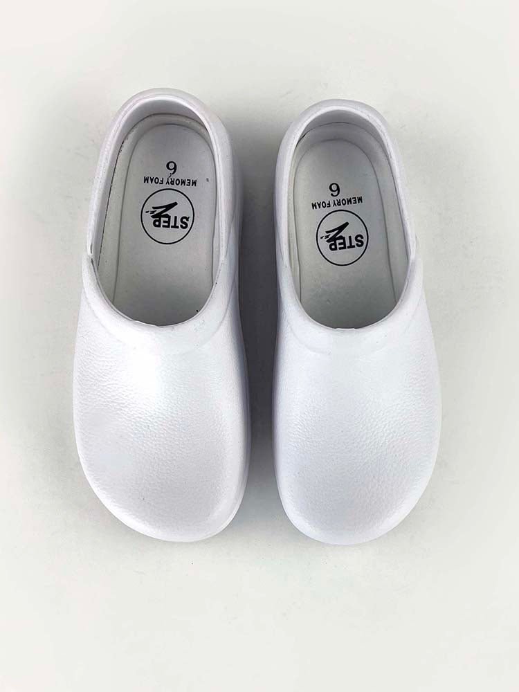 Bird's eye view of the Wide Toe-Box Memory Foam Clogs from StepZ in white featuring a padded front and back heel collar.