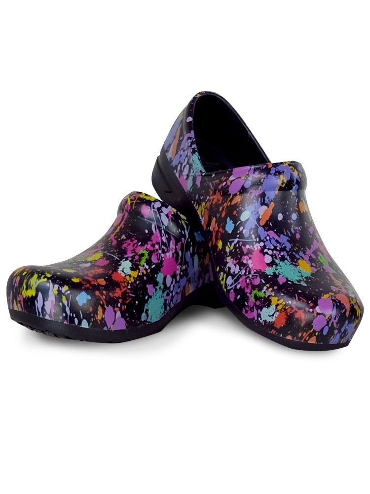 STEPZ Women's Slip Resistant Nurse Clogs in Paint Splatter featuring a slip-on style classic clog