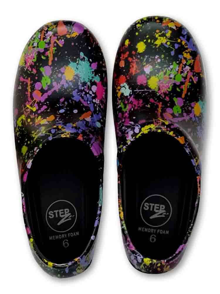 STEPZ Women's Slip Resistant Nurse Clogs in Paint Splatter featuring a memory foam removable footbed.