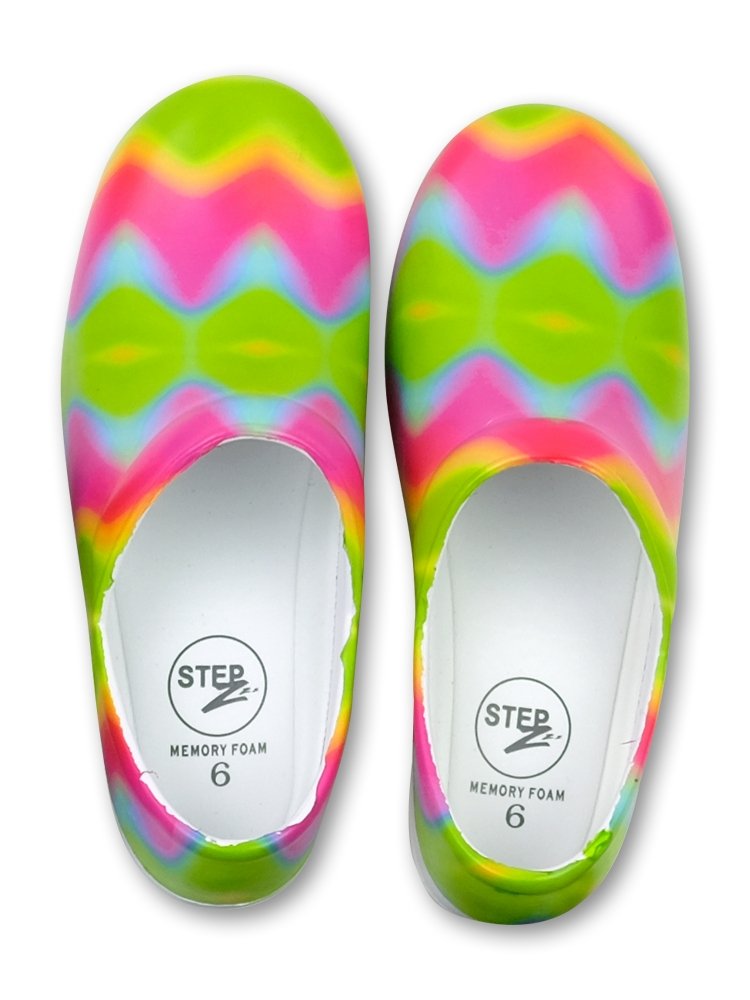 STEPZ Women's Slip Resistant Nurse Clogs in Rainbow Tie Dye featuring a memory foam removable footbed