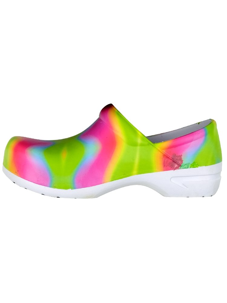 STEPZ Women's Slip Resistant Nurse Clogs in Rainbow Tie Dye featuring water based slip resistance