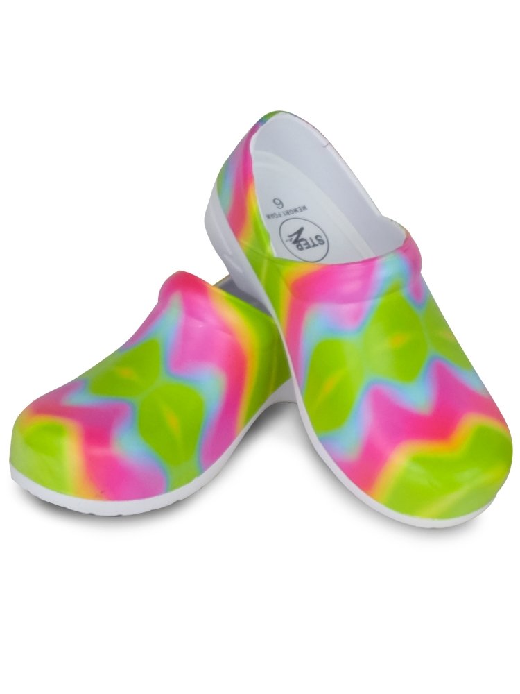 STEPZ Women's Slip Resistant Nurse Clogs in Rainbow Tie Dye featuring construction with soft & flexible EVA