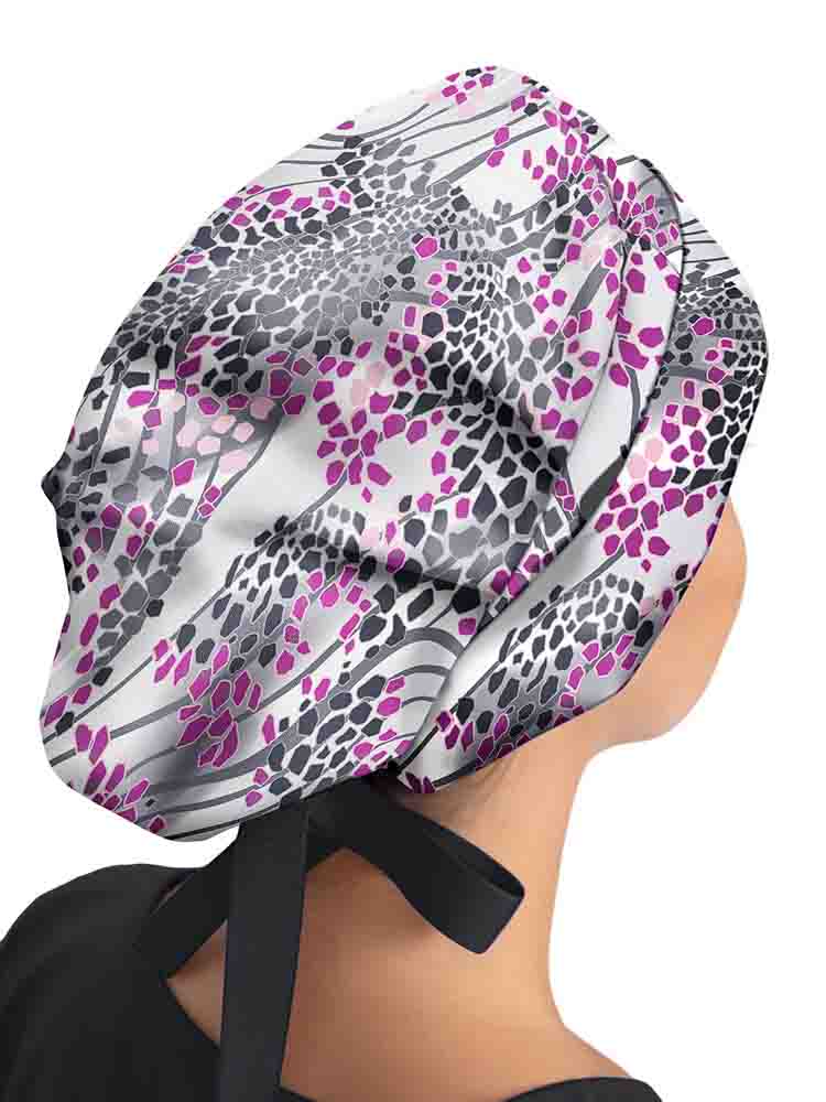 Healing Hands Bouffant Scrub Cap in Modern Safari print has buttons to hold your mask