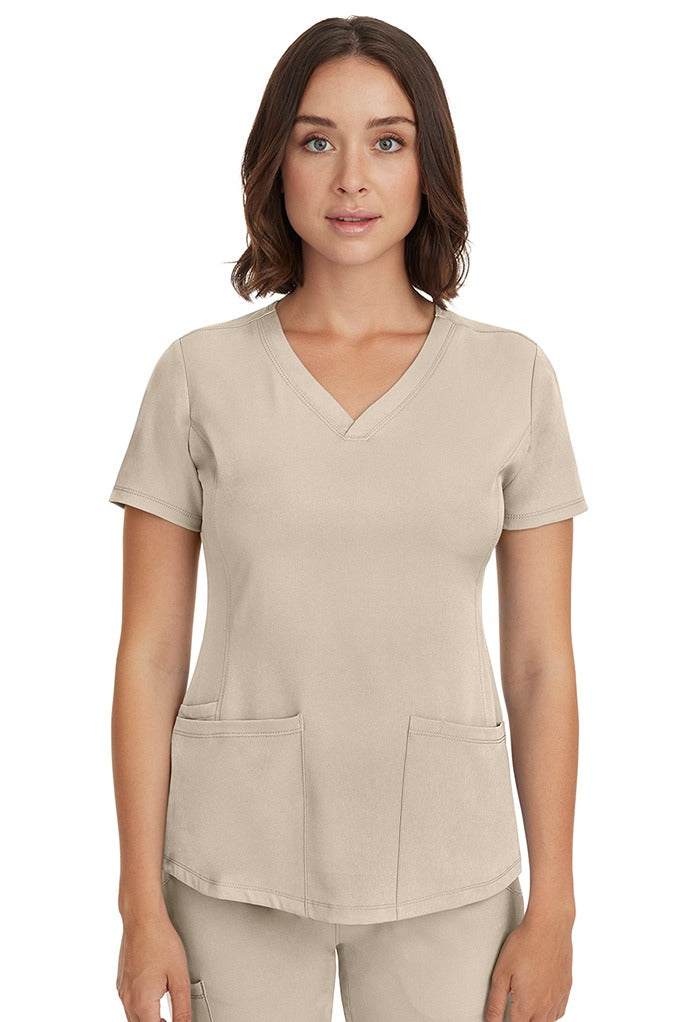 HH-Works Women's Monica Multi-Pocket Scrub Top in khaki featuring availability in extra extra small to plus sizes.