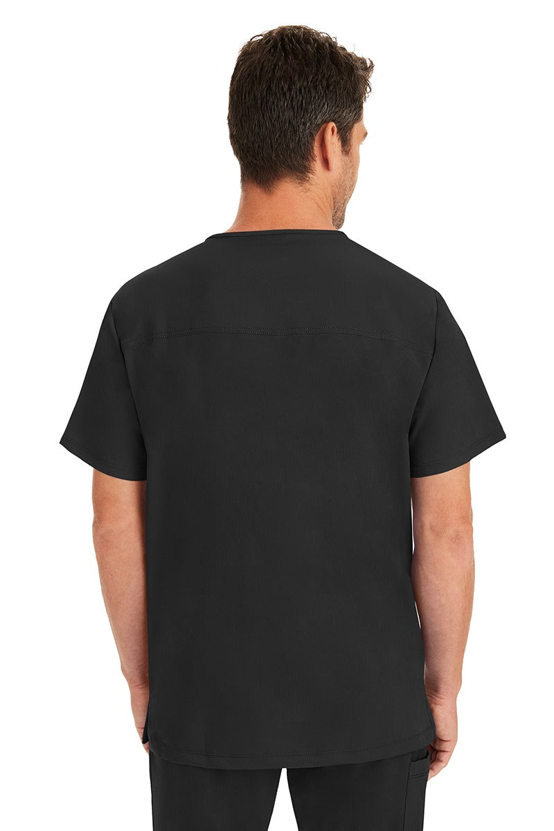 A male LPN wearing a Men's Matthew V-Neck Scrub Top from HH Works in Black featuring a center back length of 28".