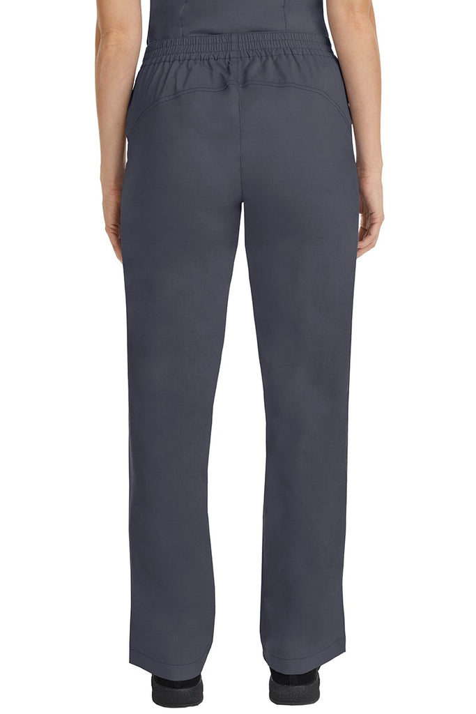 A female CNA wearing a pair of Purple Label Women's Taylor Drawstring Scrub Pants in Pewter featuring a back yoke to ensure comfortable & flattering all day fit.